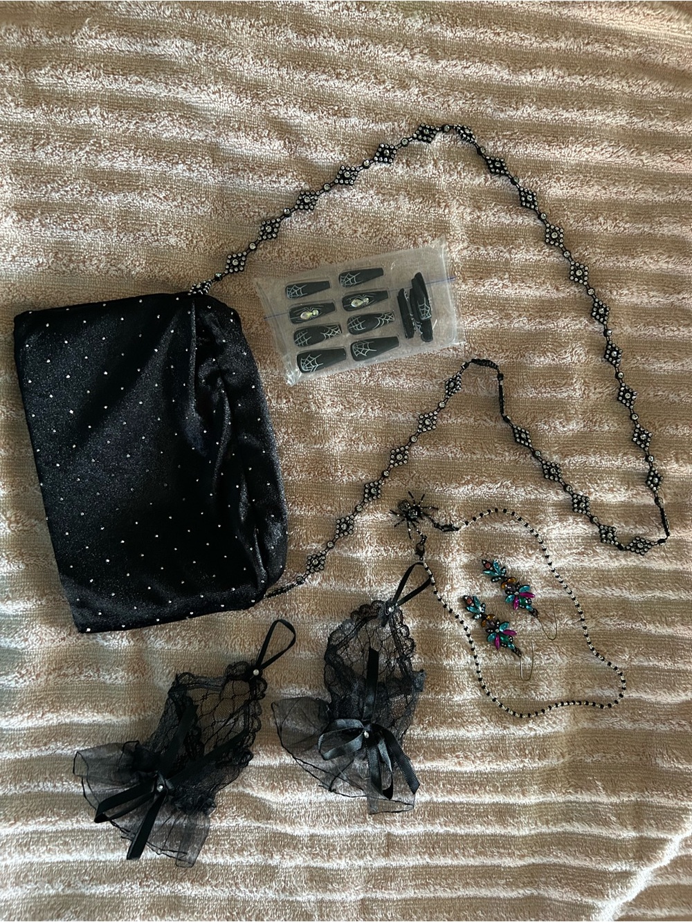 Black Beaded Evening Clutch with Lace Wristlets and Multicolor Charms